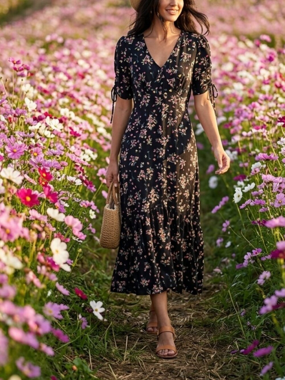 Lea & Viola Black Maxi Dress with Pink and Cream Floral Print